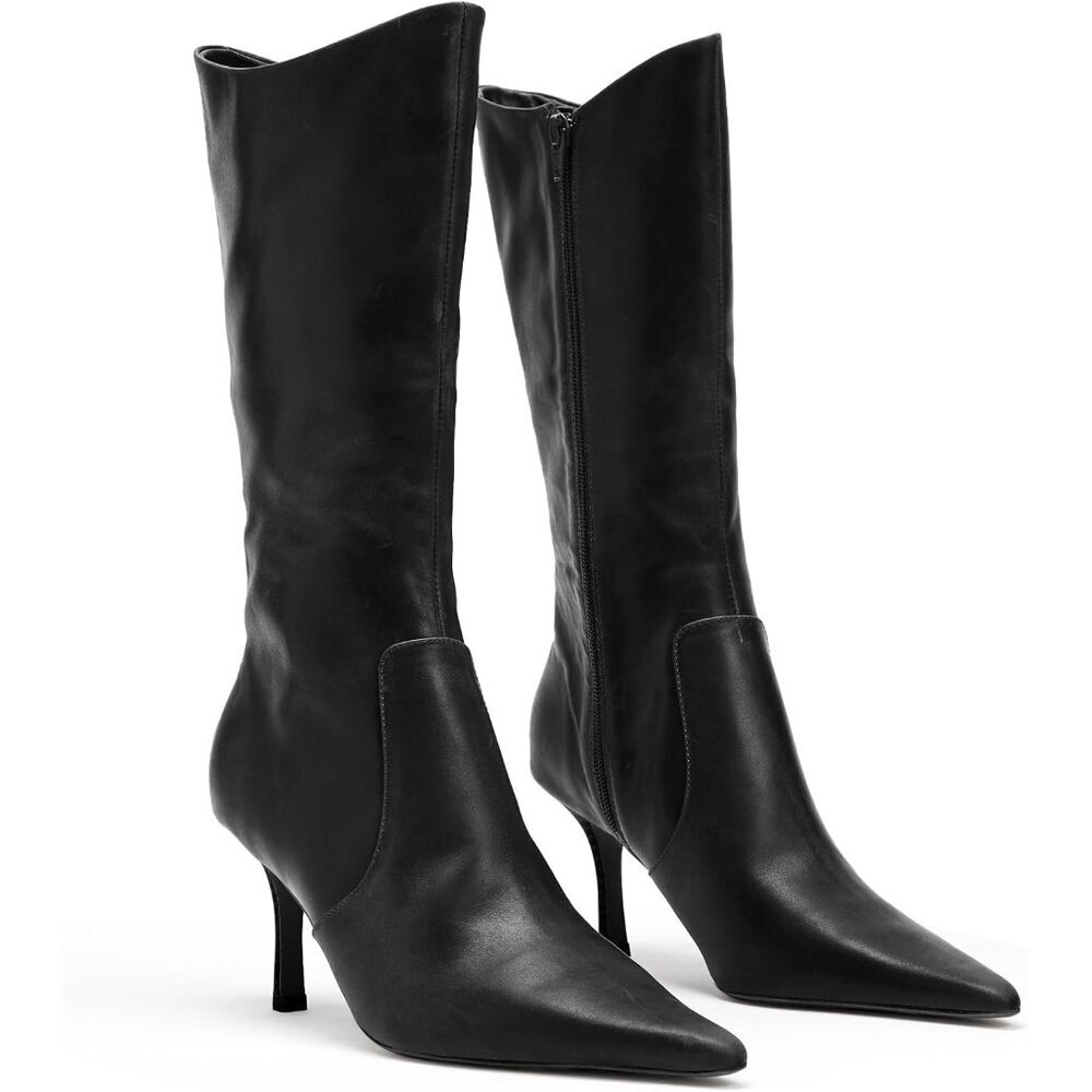 ⚡Women's Black Mid Calf Boots Pointed Toe High Heel Long Boots Side Zipper